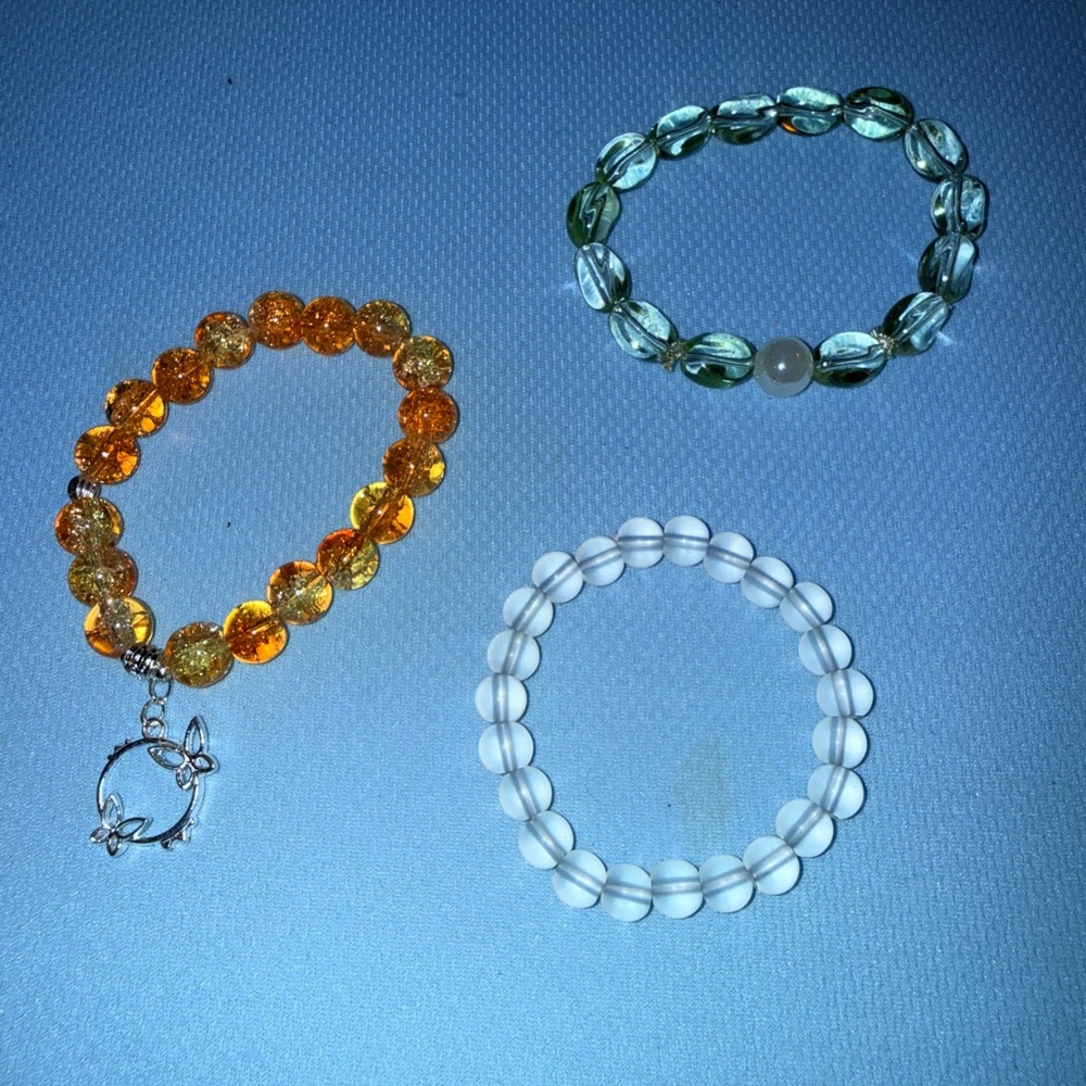 Beaded Bracelet Set NEW Amber Teal Frosted Butterfly Charm